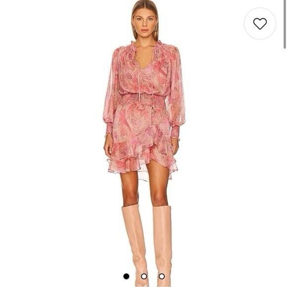 MISA Solange Chiffon Mini Dress XS Romantic Rose Python Ruffle Long Sleeve - Picture 1 of 10